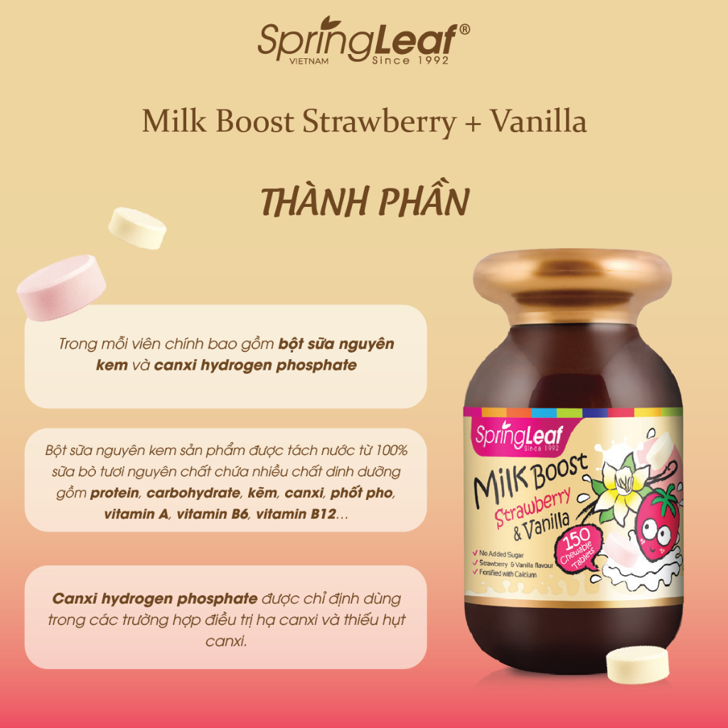 Keo bo sung canxi cho be Milk Boost Strawberry Vanilla Spring Leaf2
